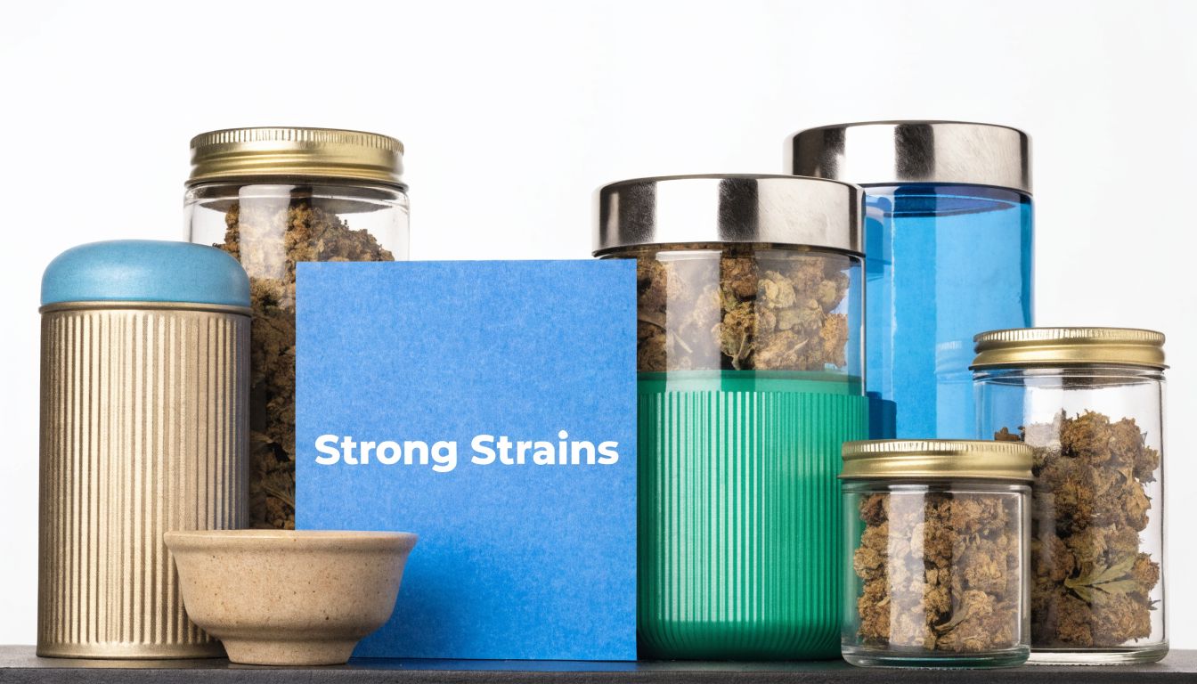 Several glass jars filled with cannabis buds arranged on a shelf next to a blue information sign.