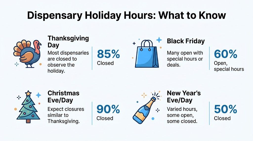 An infographic showing percentages of dispensaries closed or open on major holidays like Thanksgiving and Christmas.
