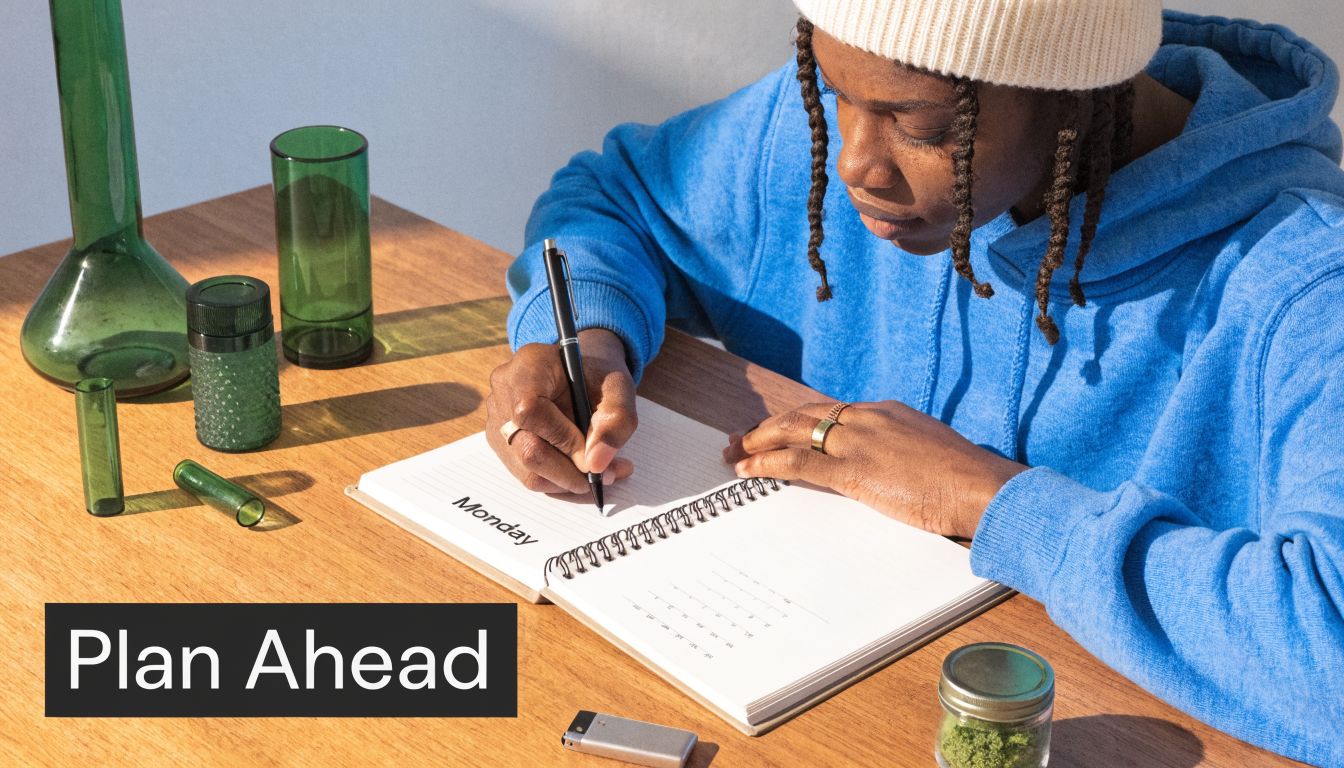 A person in a blue hoodie writing in a planner at a wooden desk with glassware nearby.