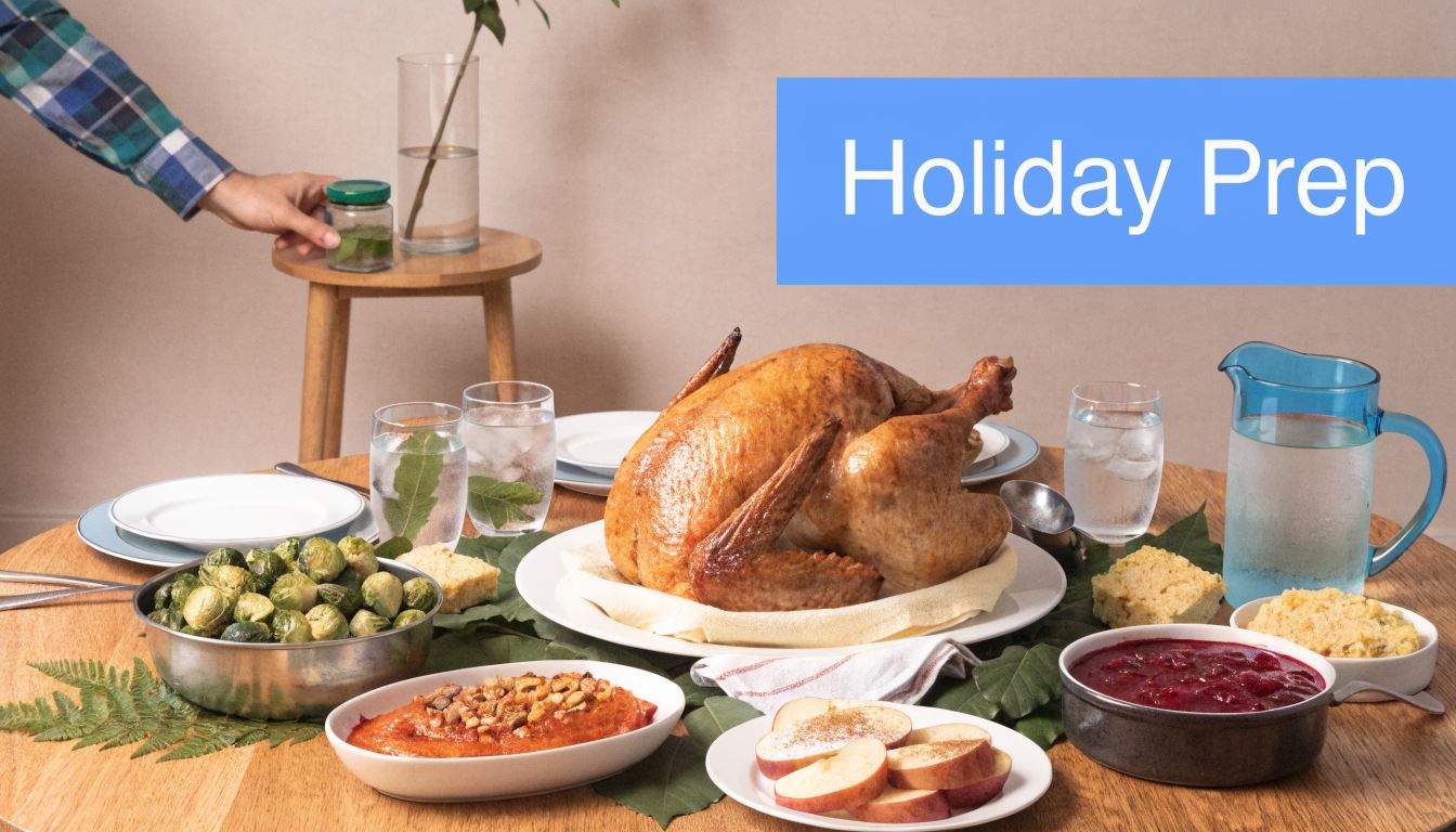 A Thanksgiving dinner table set with a whole roasted turkey, various side dishes, and holiday drinks.