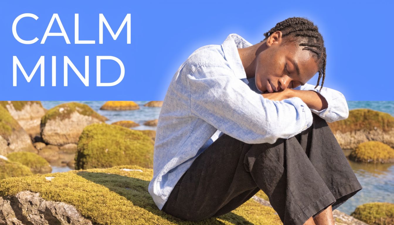 A young man sitting on a mossy rock by the ocean with eyes closed, embodying a calm mind.