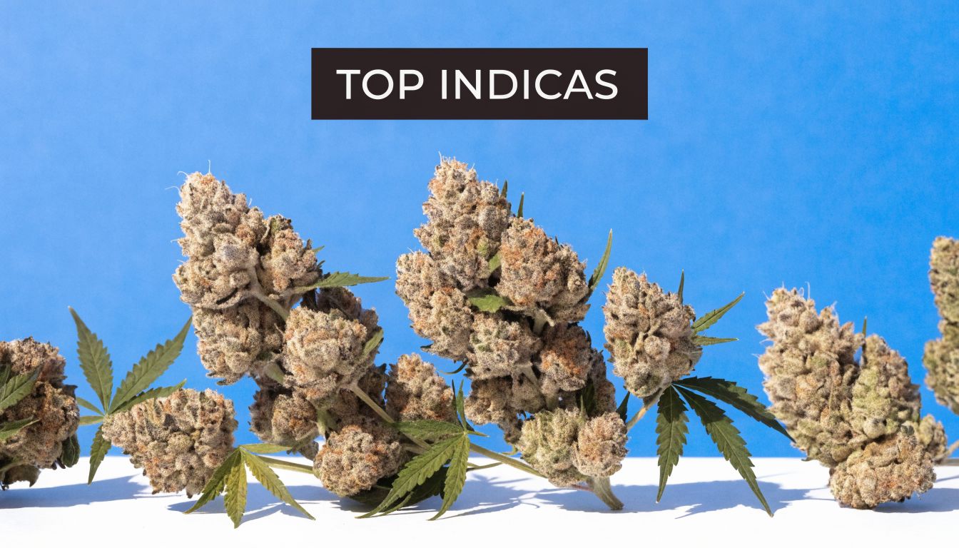 A line of premium cannabis indica flower buds arranged against a bright blue studio background.