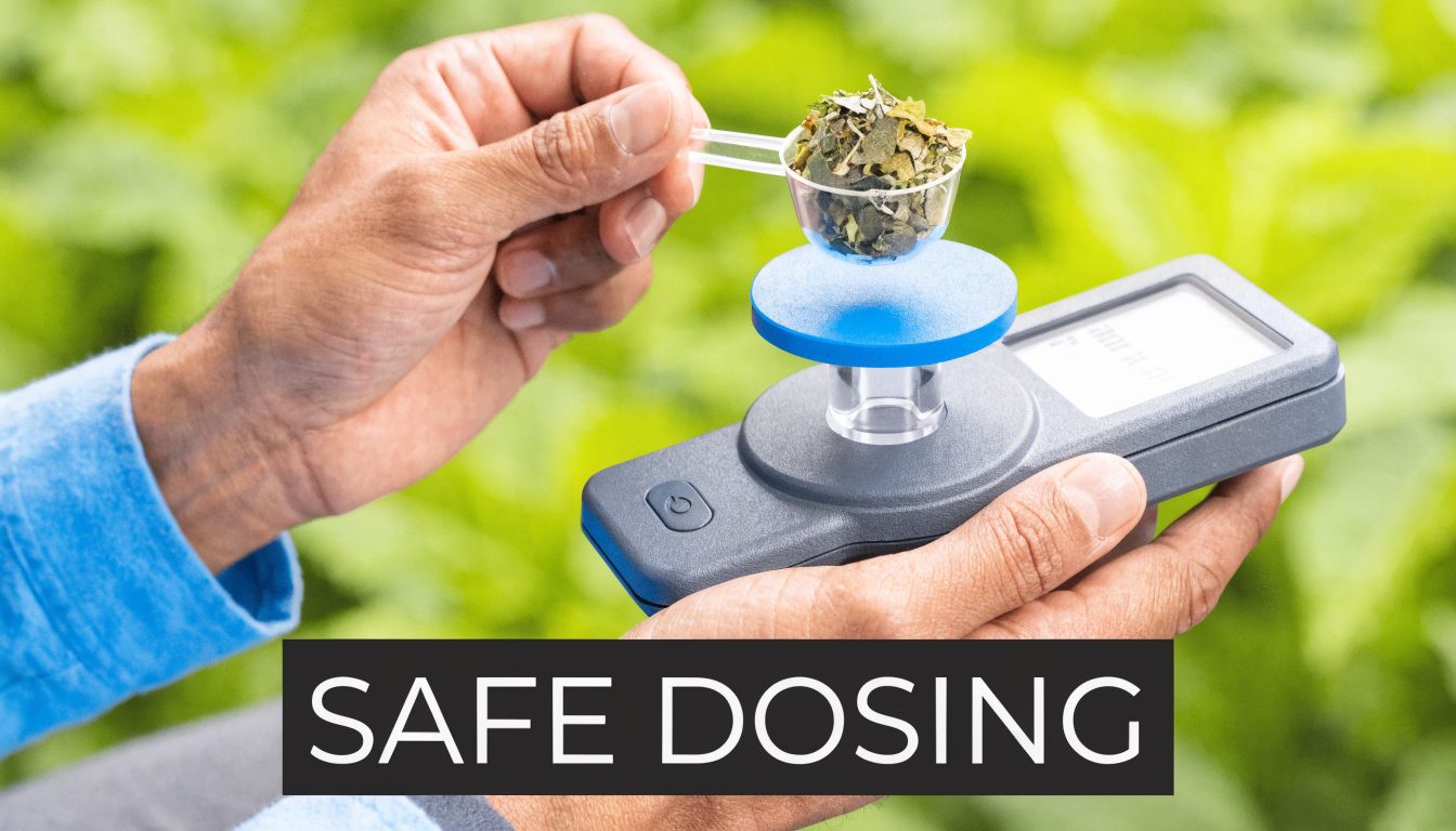 A person weighing dried herbal cannabis material on a digital scale to ensure safe dosing for consumption.