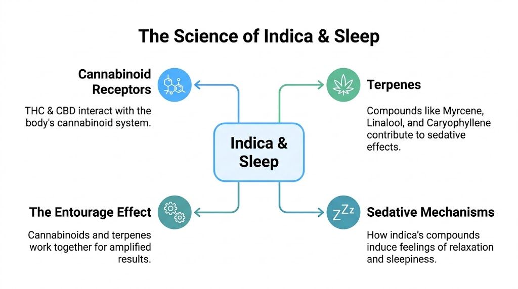 An infographic titled The Science of Indica and Sleep illustrating how cannabinoids and terpenes promote relaxation.
