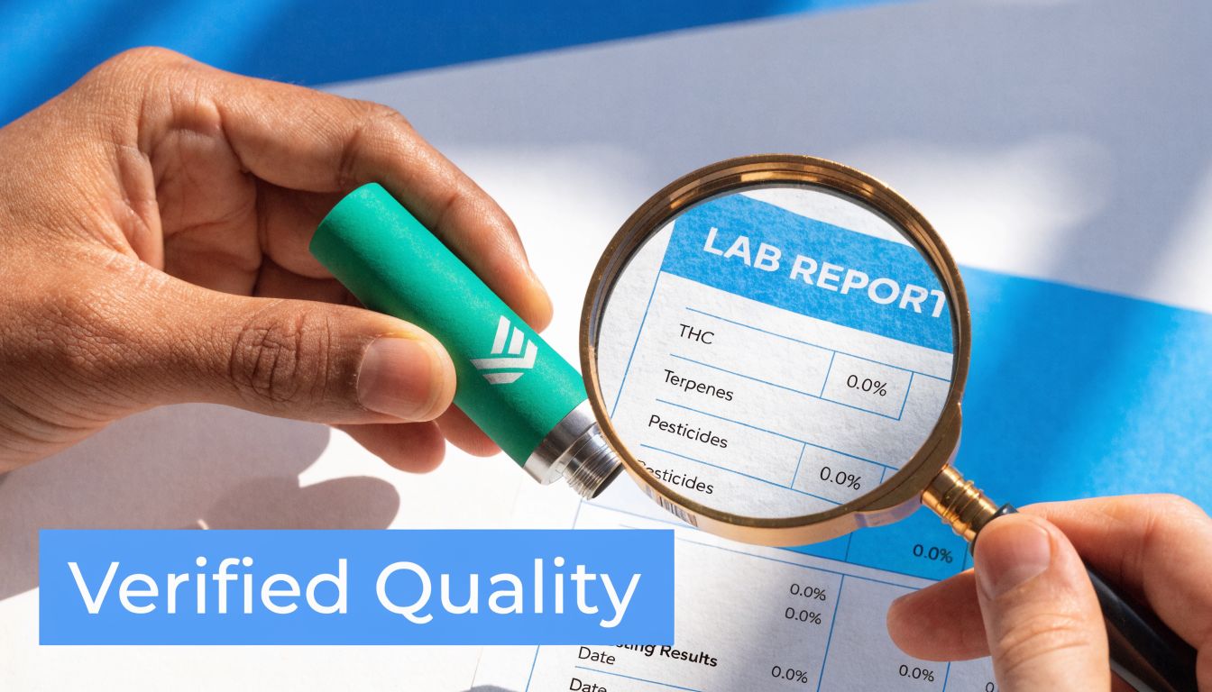 A close-up view of a person using a magnifying glass to inspect a lab report about product quality.
