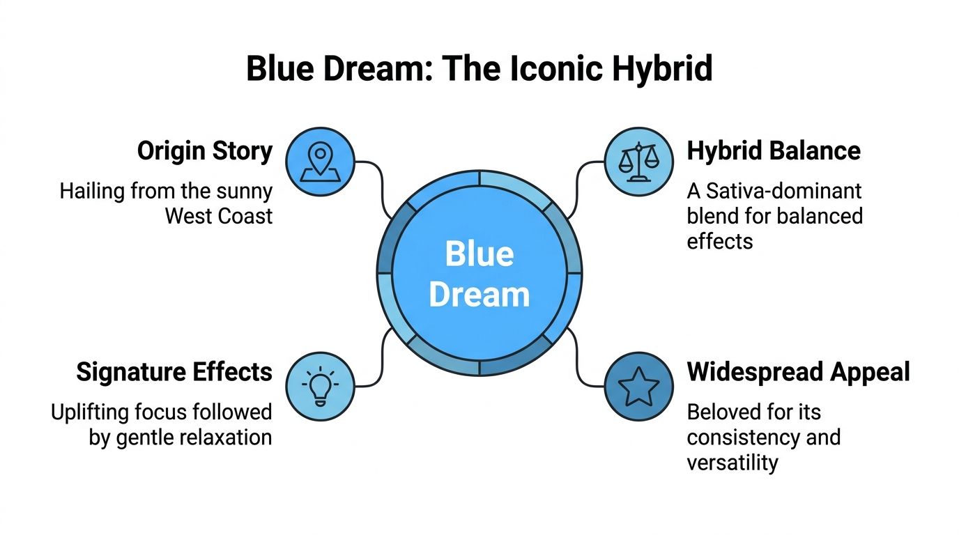 An infographic summarizing the key characteristics of the cannabis strain Blue Dream, including its origins and effects.