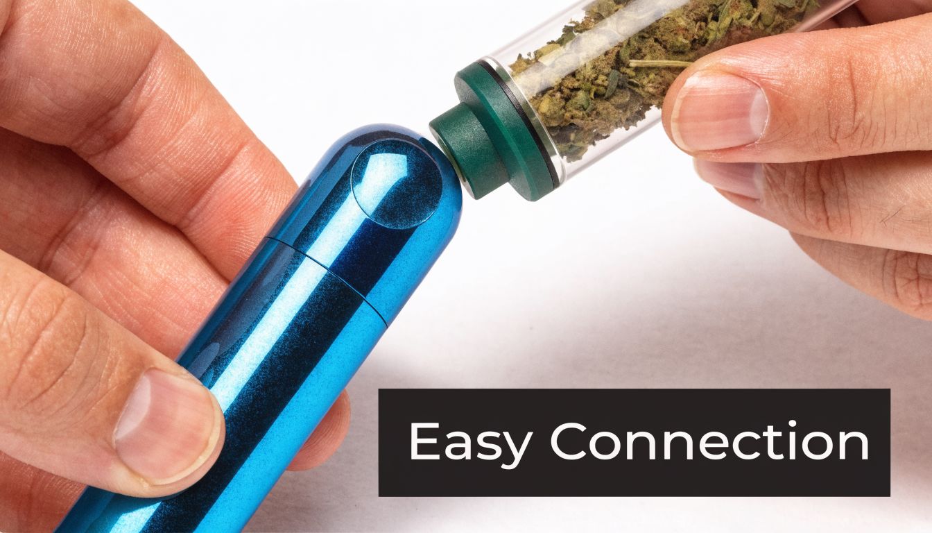 A close-up of hands connecting a blue vape device to a glass chamber filled with cannabis flower.