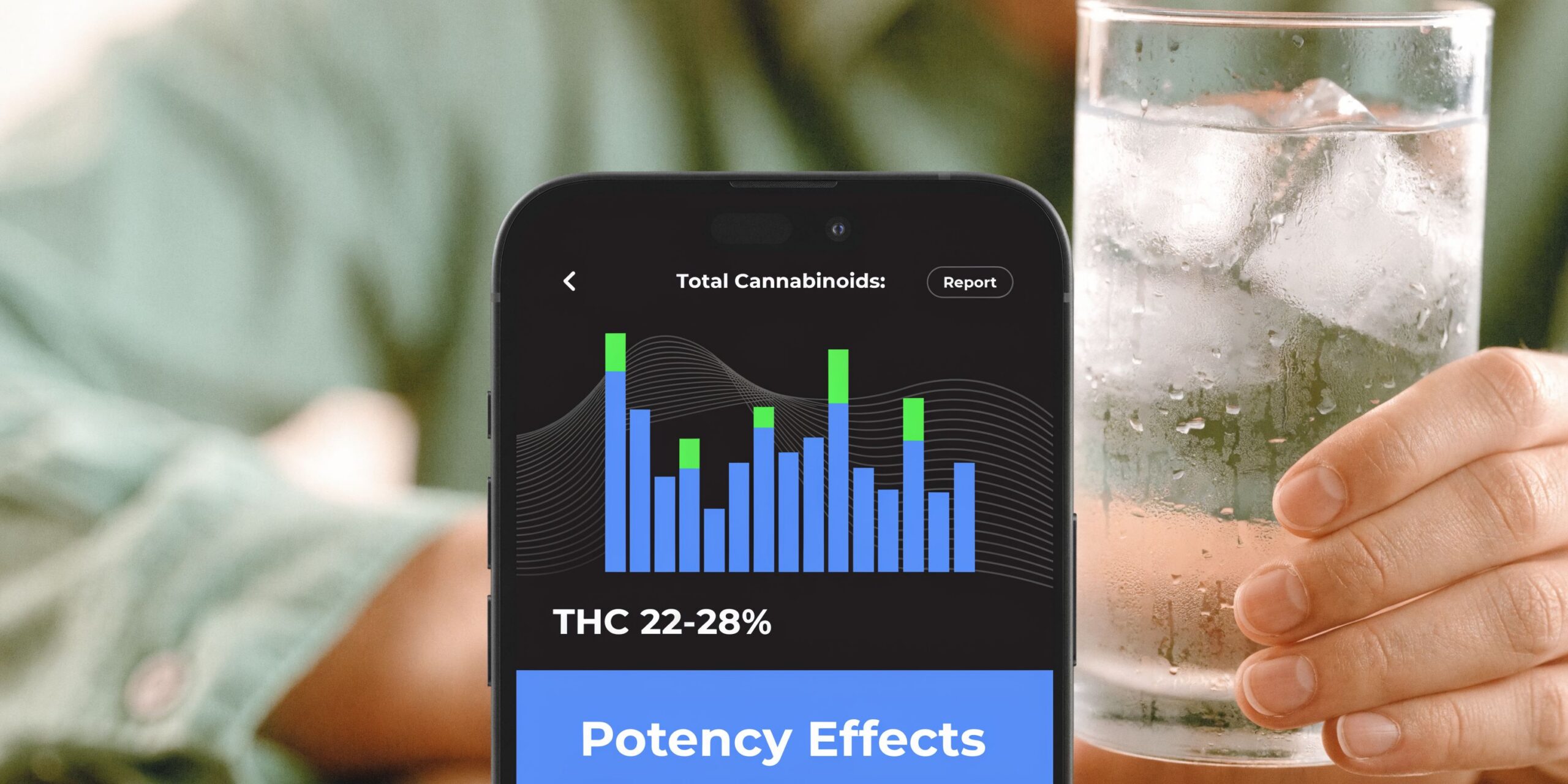 A person holding a glass of water next to a smartphone displaying a cannabis cannabinoid analysis chart.