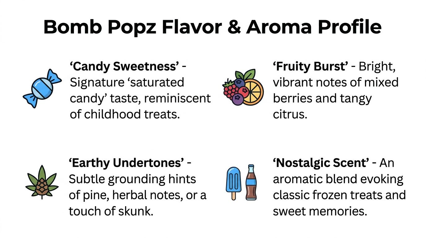 A flavor profile infographic for the Bomb Popz strain featuring candy, fruit, pine, and nostalgic treat icons.