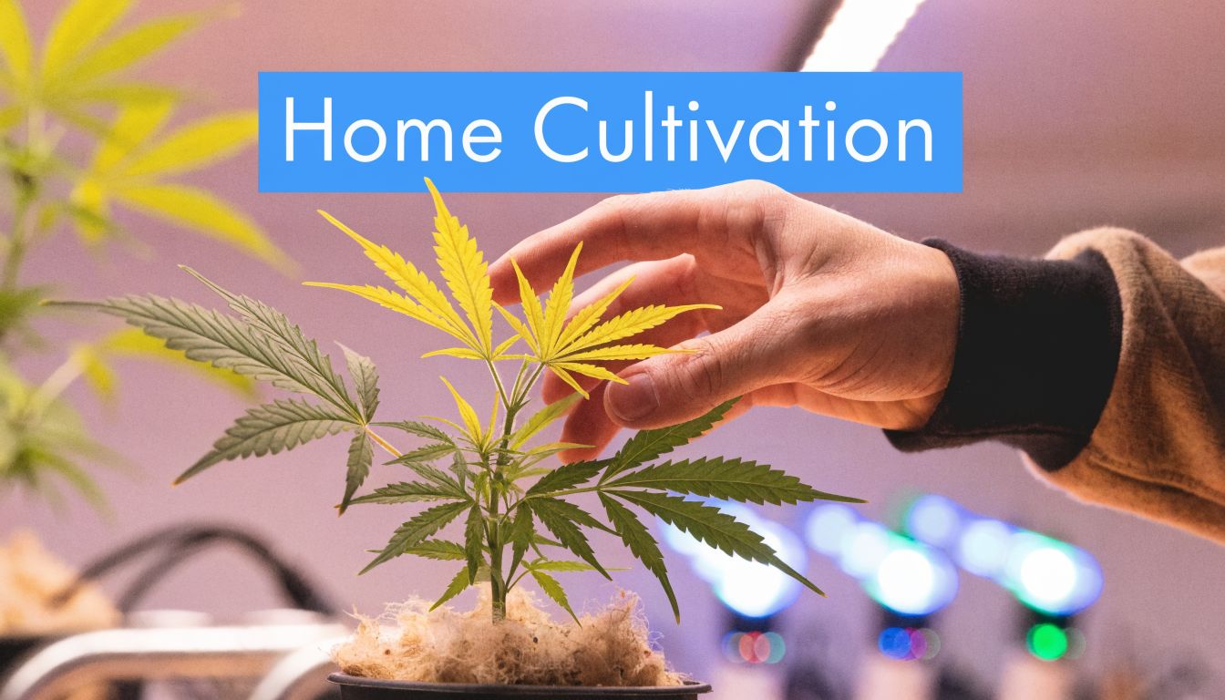 A close-up view of a person's hand gently touching a young cannabis plant in a pot.