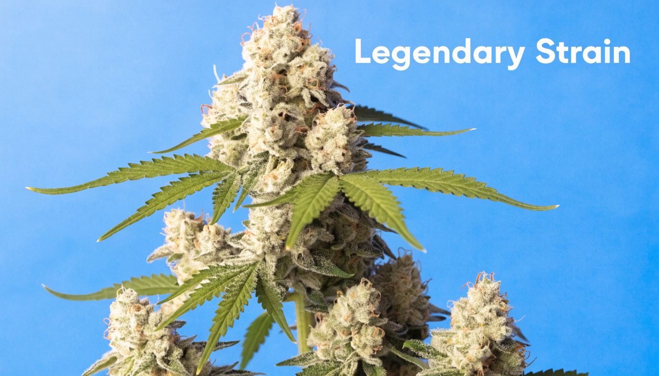 A close-up shot of a lush, resin-covered cannabis flower on a vibrant blue background with text.