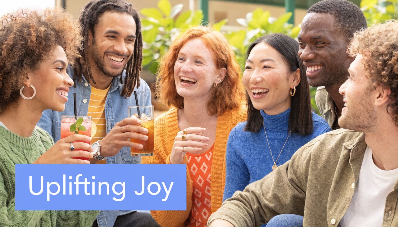A diverse group of cheerful friends laughing together while enjoying refreshing drinks in an outdoor setting.