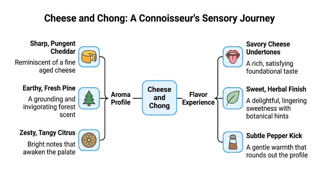 An infographic diagram outlining the sensory journey of the Cheese and Chong cannabis strain aroma and flavor profile.