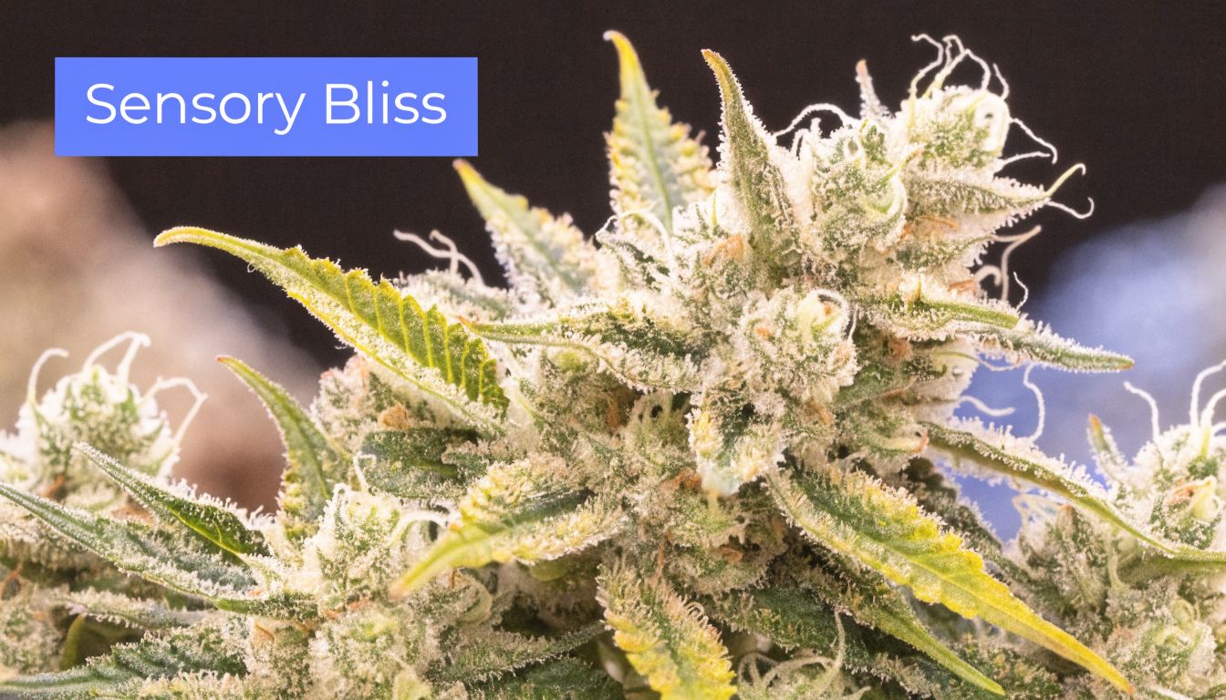 A close-up view of a vibrant, crystal-covered Gorilla MAC cannabis flower bud against a dark background.