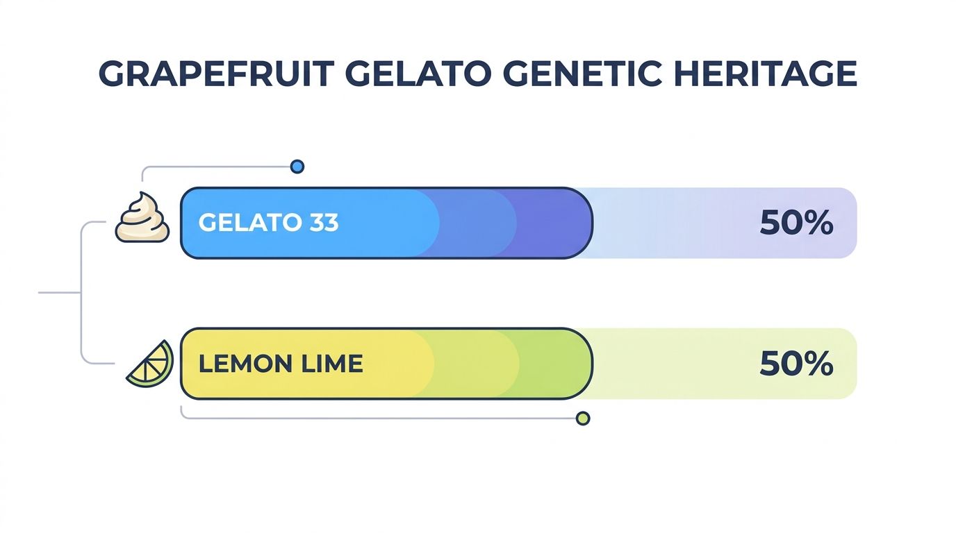 A chart showing the 50/50 genetic heritage of Grapefruit Gelato cannabis strain from Gelato 33 and Lemon Lime.