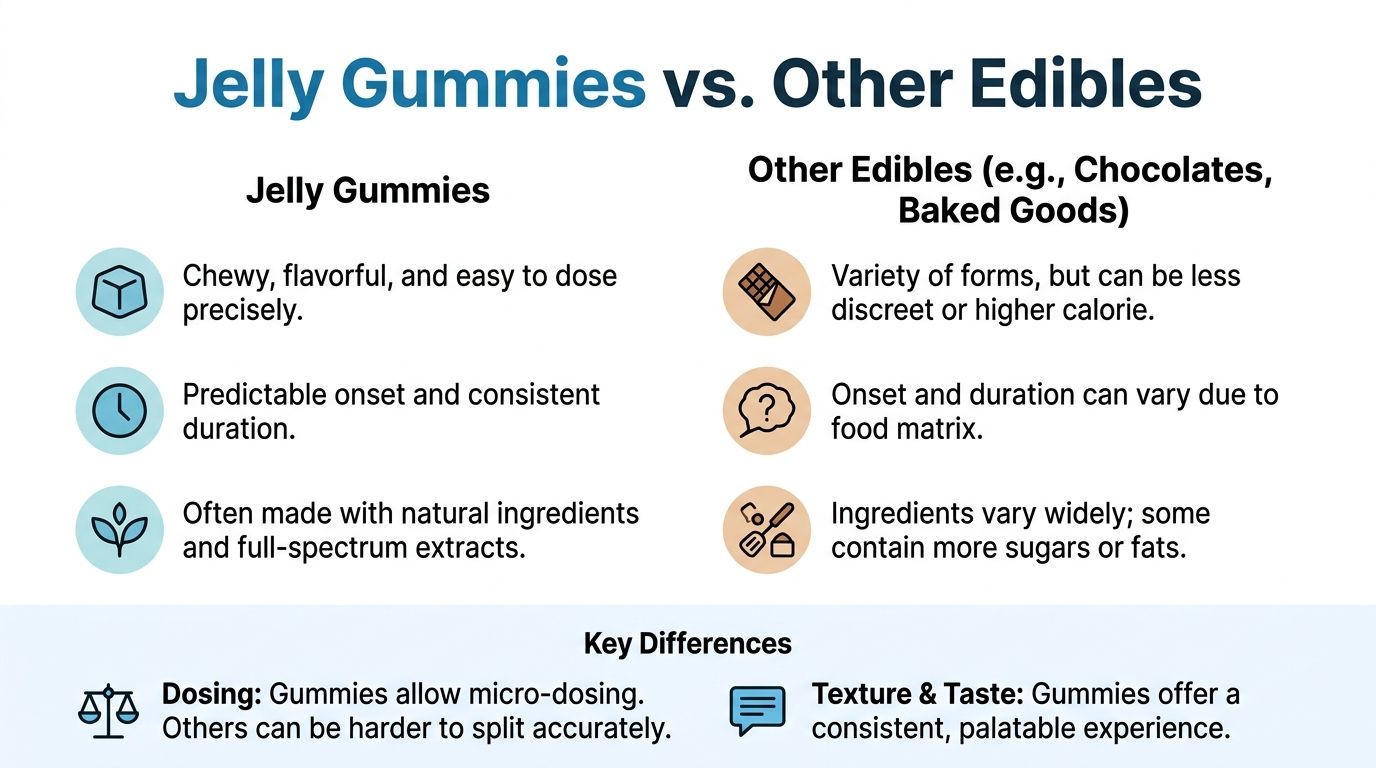 A comparison chart outlining the benefits of jelly gummies compared to other edibles like chocolates or baked goods.