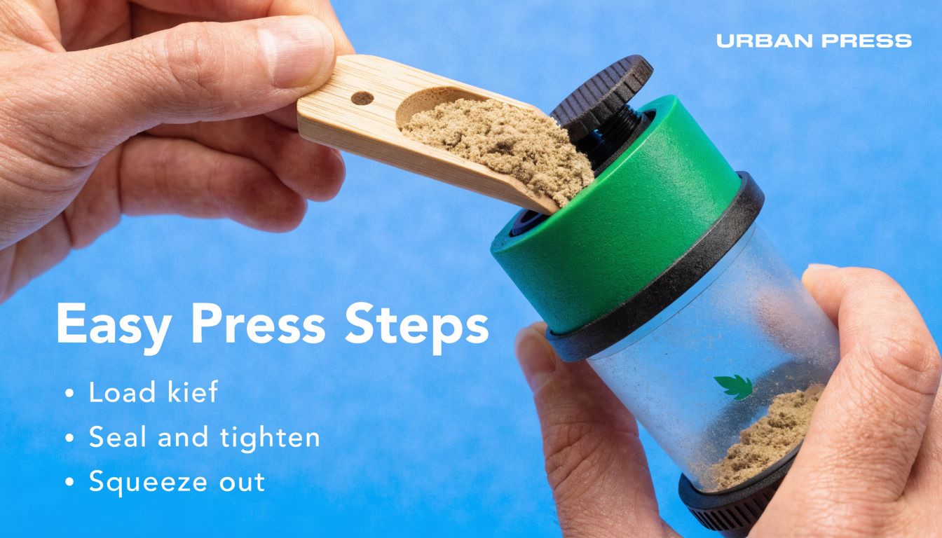 A hand filling a kief pollen press tool with loose kief powder using a small wooden scoop.