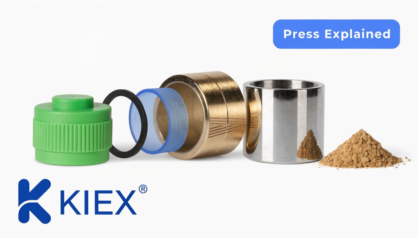 A disassembled kief pollen press parts including a green lid, o-ring, blue sleeve, gold and silver metal cylinders.