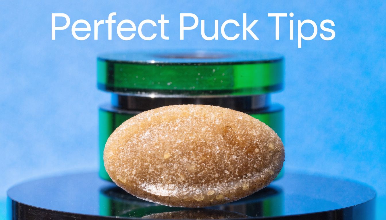 A compressed oval puck of golden-brown kief resin resting on a polished metallic surface against blue background.