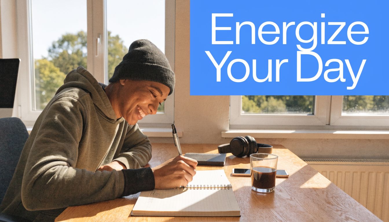 A happy man wearing a beanie writing in a notebook at a sunlit wooden desk with coffee.