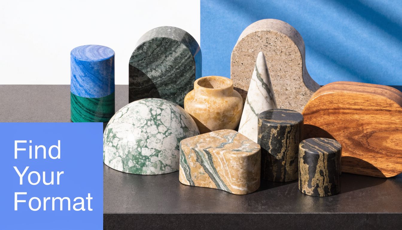 A collection of various abstract geometric shapes made from different types of marble and textured stone.