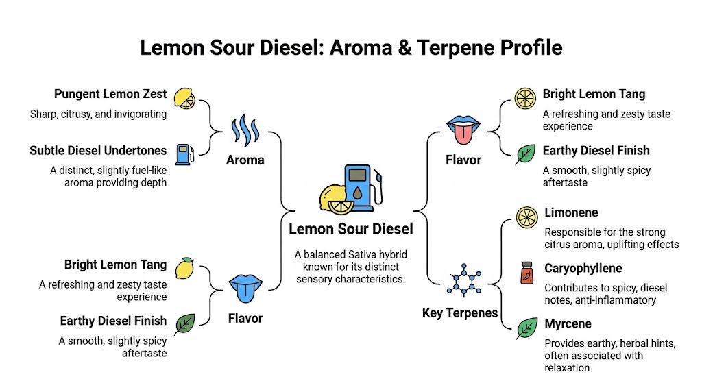 An infographic detailing the aroma, flavor, and key terpene profile of the Lemon Sour Diesel cannabis strain.