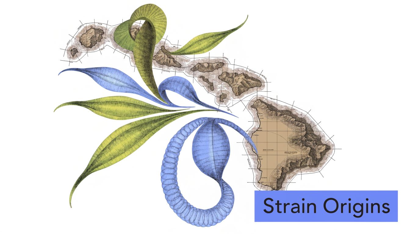 Stylized map of the Hawaiian islands featuring abstract botanical illustrations of leaves and tropical vine imagery.