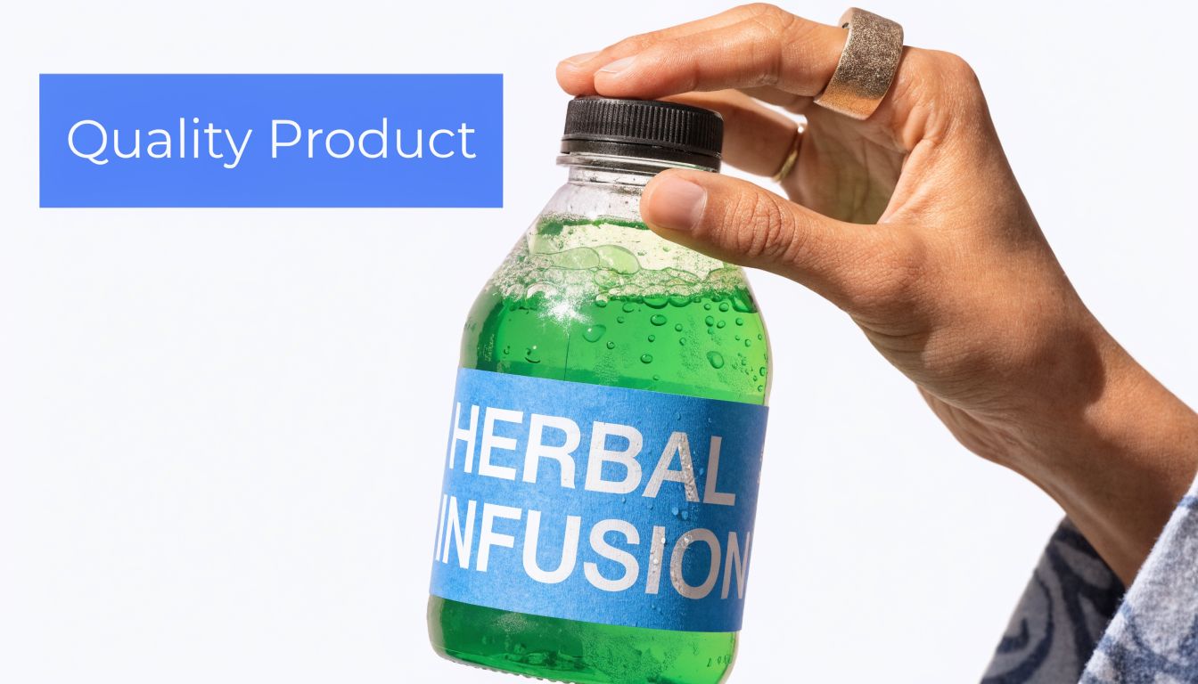 A hand holds a clear plastic bottle filled with vibrant green herbal infusion against white background.