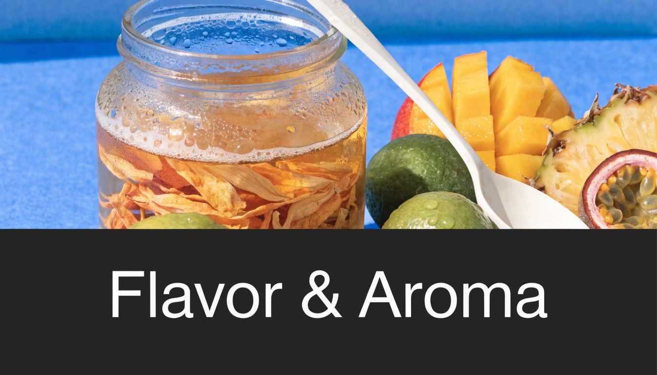 A glass jar filled with yellow liquid and flowers sits next to various fresh tropical fruits.