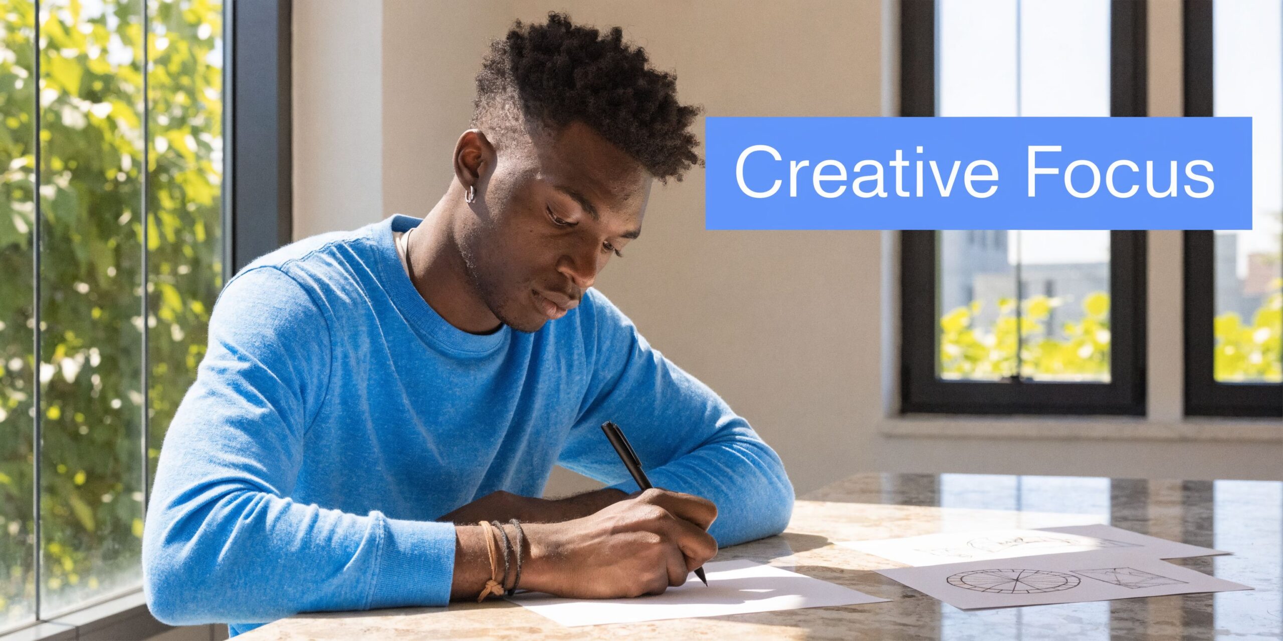 A young Black man wearing a blue shirt, intently focused while drawing on paper at a table.