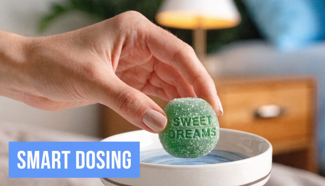 A person holding a green gummy candy with the text Sweet Dreams embossed on the surface.