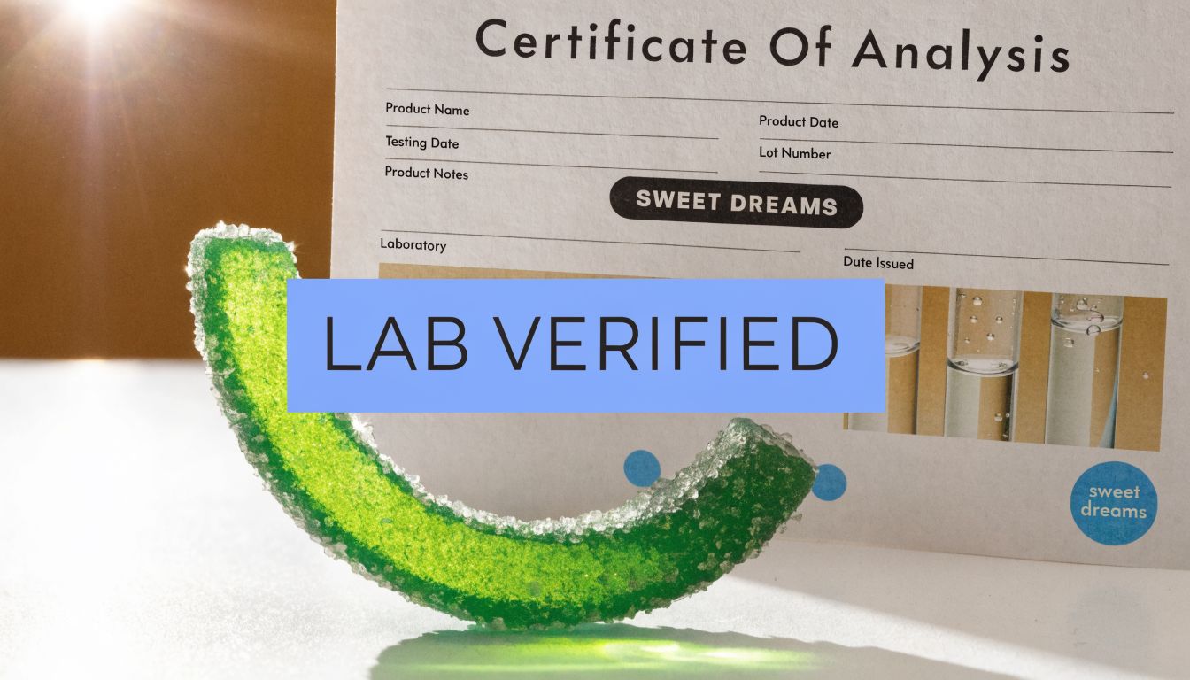 A close-up of a green, sugar-coated gummy slice sitting in front of a Sweet Dreams certificate of analysis.