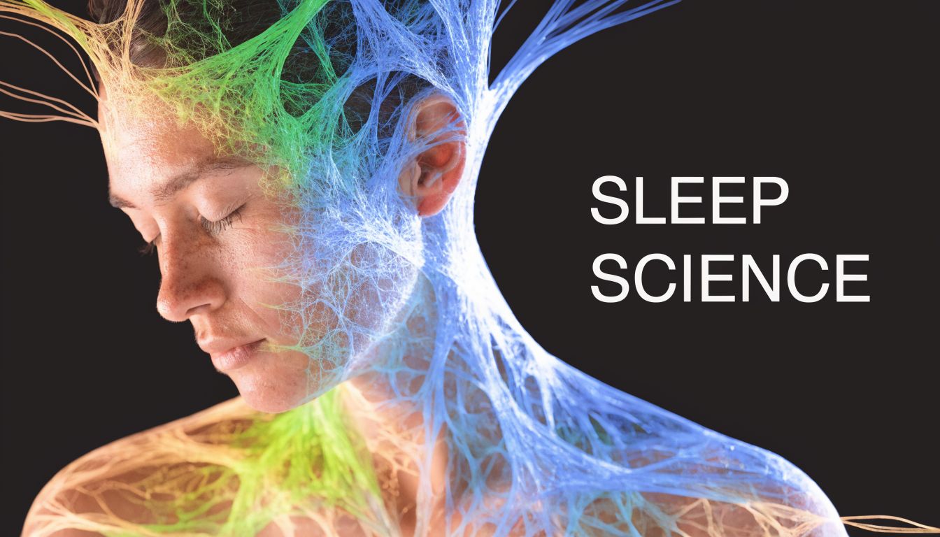 A digital illustration of a woman sleeping with colorful neural network patterns glowing around her head.