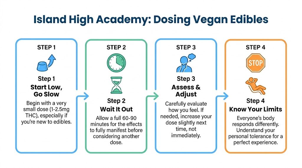 A four-step infographic guide explaining how to safely dose vegan THC gummies for the best experience.