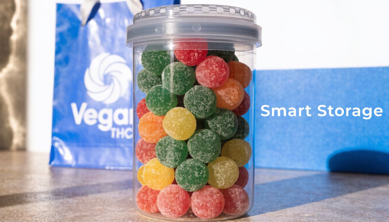 A clear plastic jar filled with colorful, sugar-coated vegan THC gummies beside a blue shopping bag.