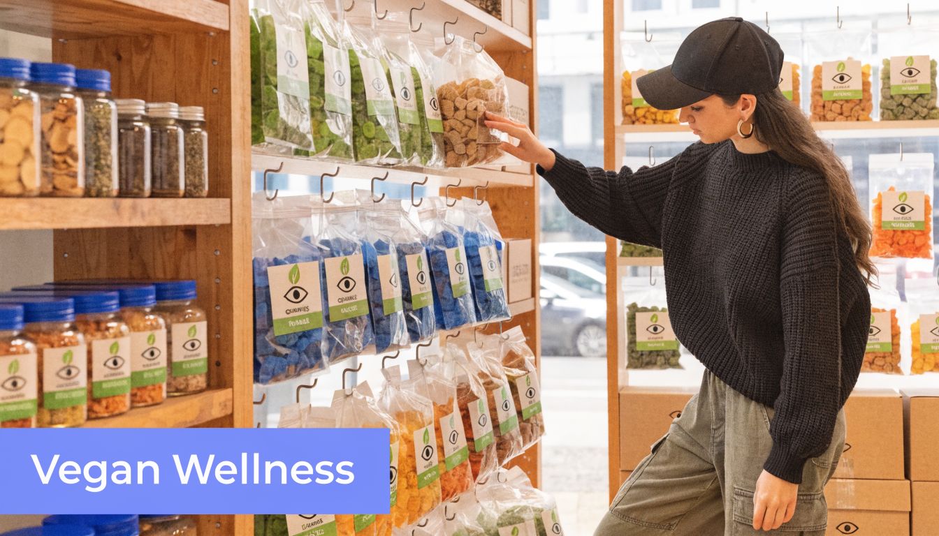 A young woman wearing a black cap browses colorful vegan THC gummies in a minimalist store.