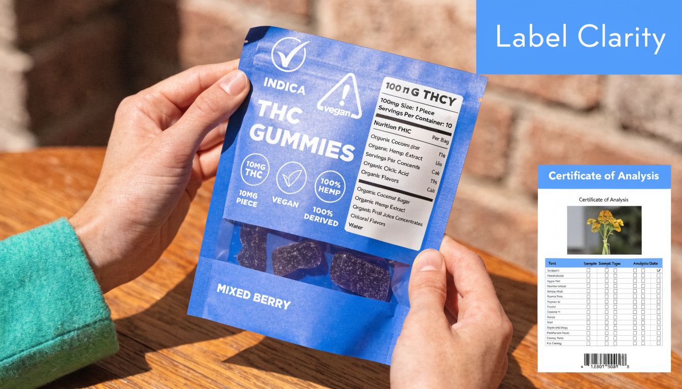 A person holds a blue pouch of vegan THC gummies with a certificate of analysis document shown nearby.
