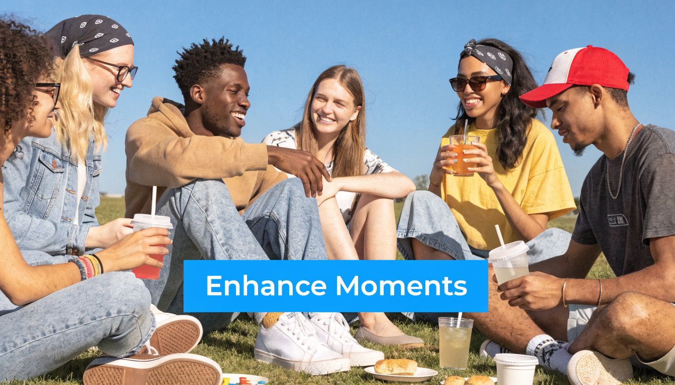 A diverse group of friends sitting on the grass while drinking and enjoying a sunny day outdoors.