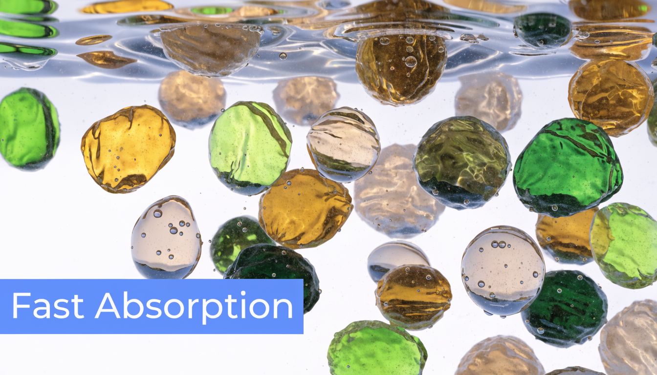 A collection of colorful water-absorbing gel beads floating in clear liquid, representing fast absorption properties.