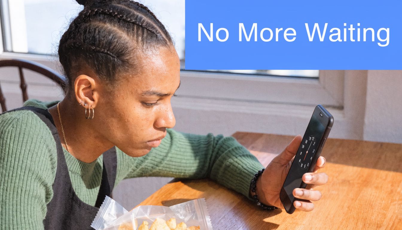 A person looking at a fast-acting gummy timer on their smartphone while eating snacks at a table.