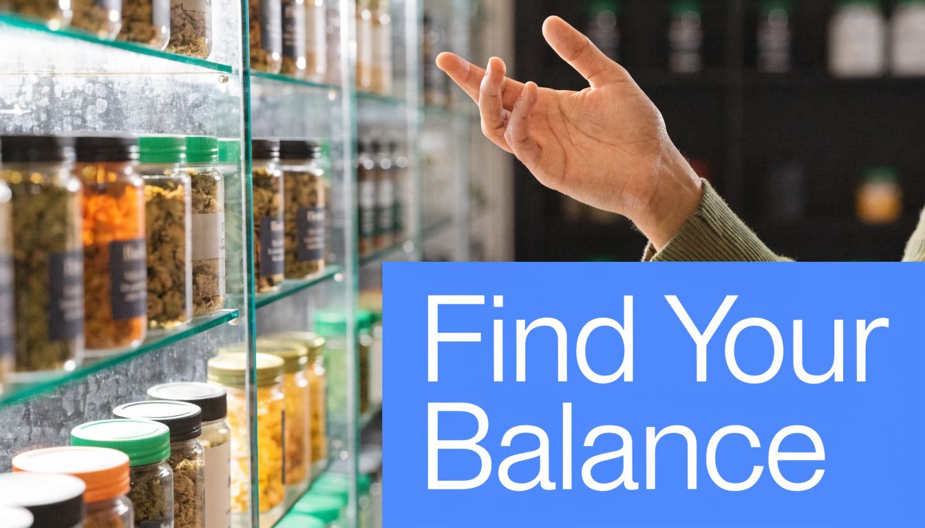 A person selecting from a shelf of labeled cannabis product jars in a modern retail dispensary environment.