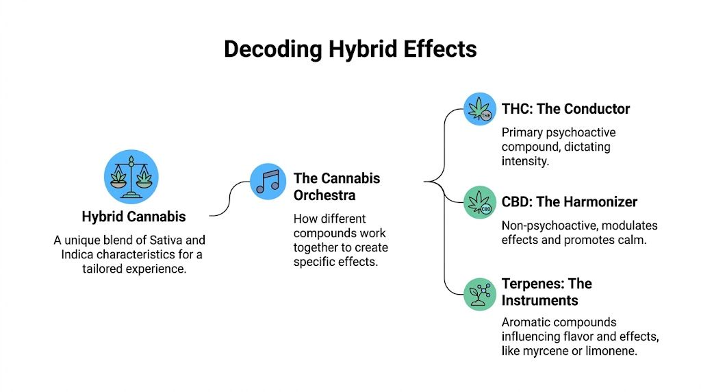 A diagram explaining hybrid cannabis effects, featuring components like THC, CBD, and terpenes acting like an orchestra.