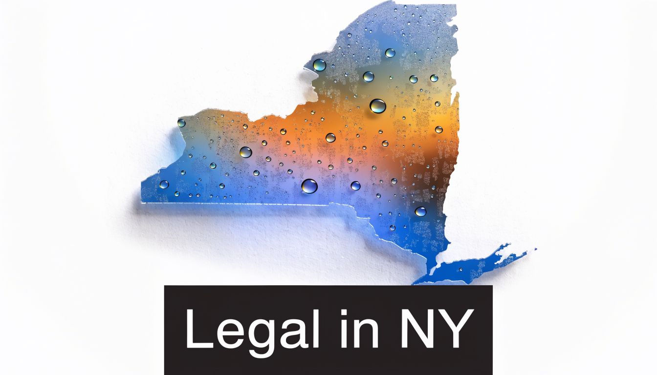 A map of New York state overlayed with water droplets, featuring the bold white text Legal in NY.