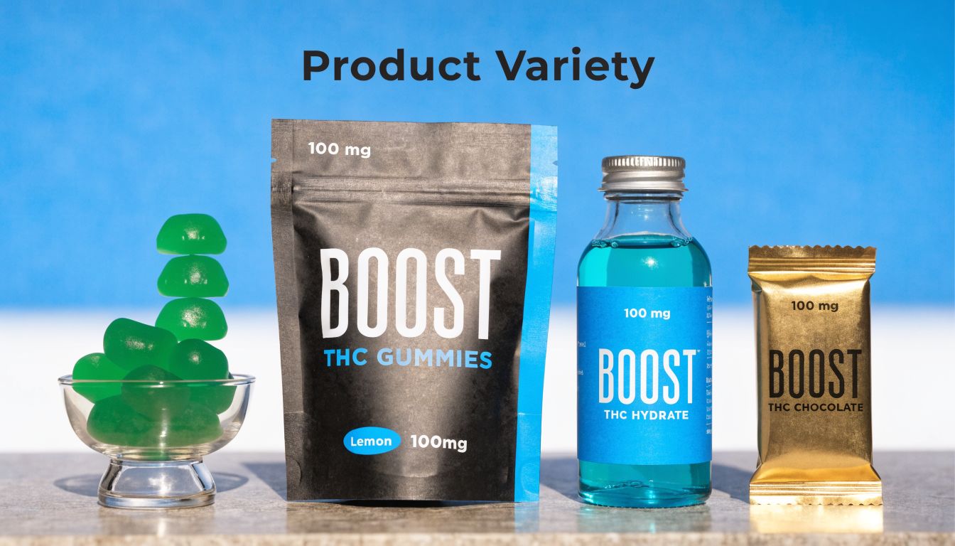 A display of Boost brand THC infused products including gummies, a hydrating drink, and chocolate bars.