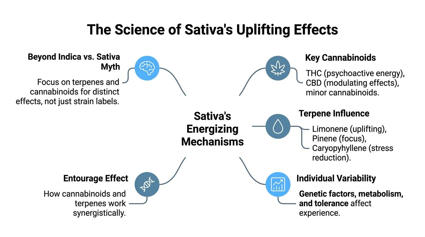 A mind map infographic explaining the scientific factors behind the energizing and uplifting effects of Sativa cannabis.