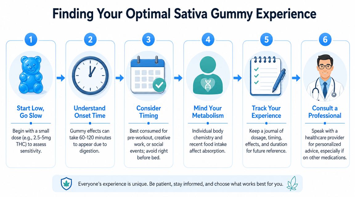 A six-step infographic guide on how to safely consume and experience sativa THC gummies.