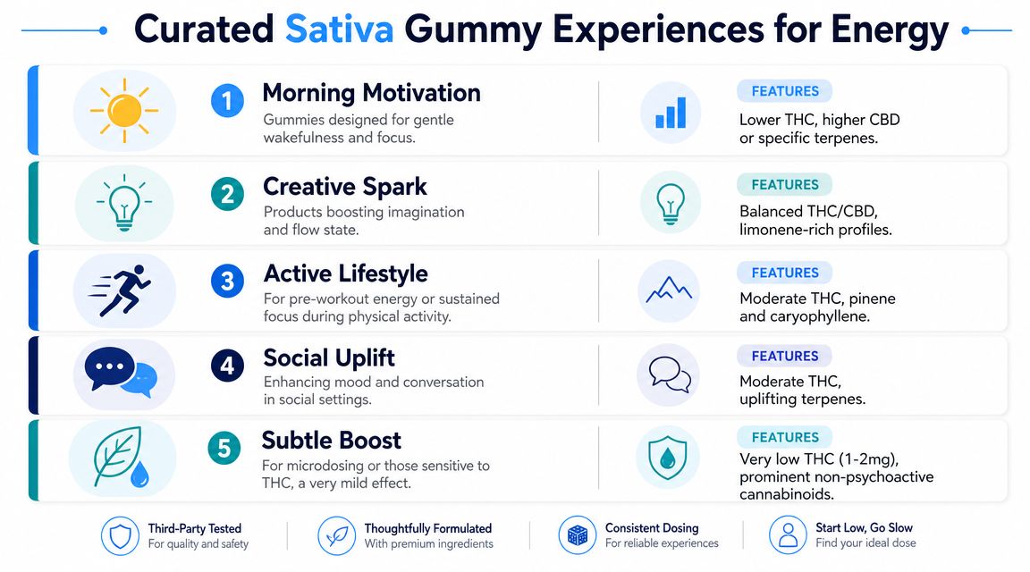 A guide to curated sativa gummy experiences for energy, broken down into five distinct categories.