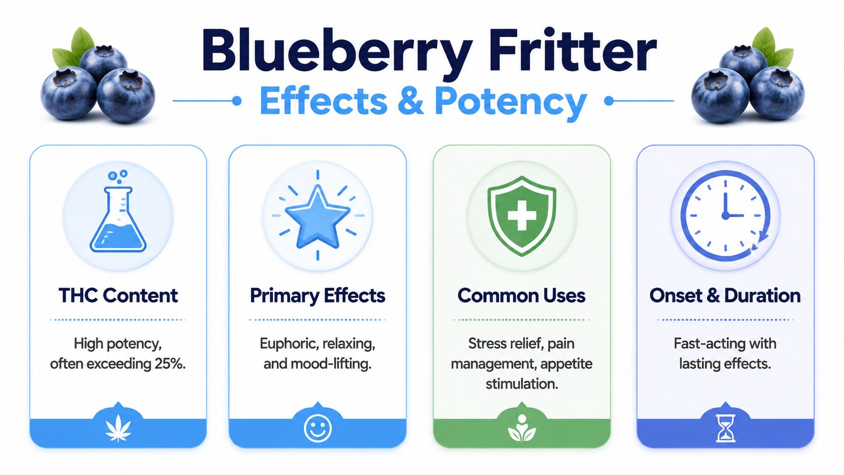 A comprehensive infographic detailing the effects, potency, and common medical uses of the Blueberry Fritter cannabis strain.