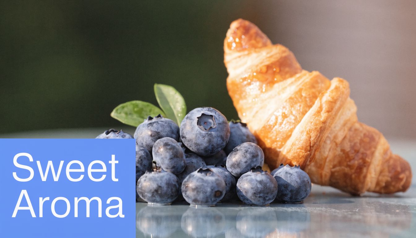 A golden, flaky croissant next to a fresh pile of ripe blueberries on a smooth surface.