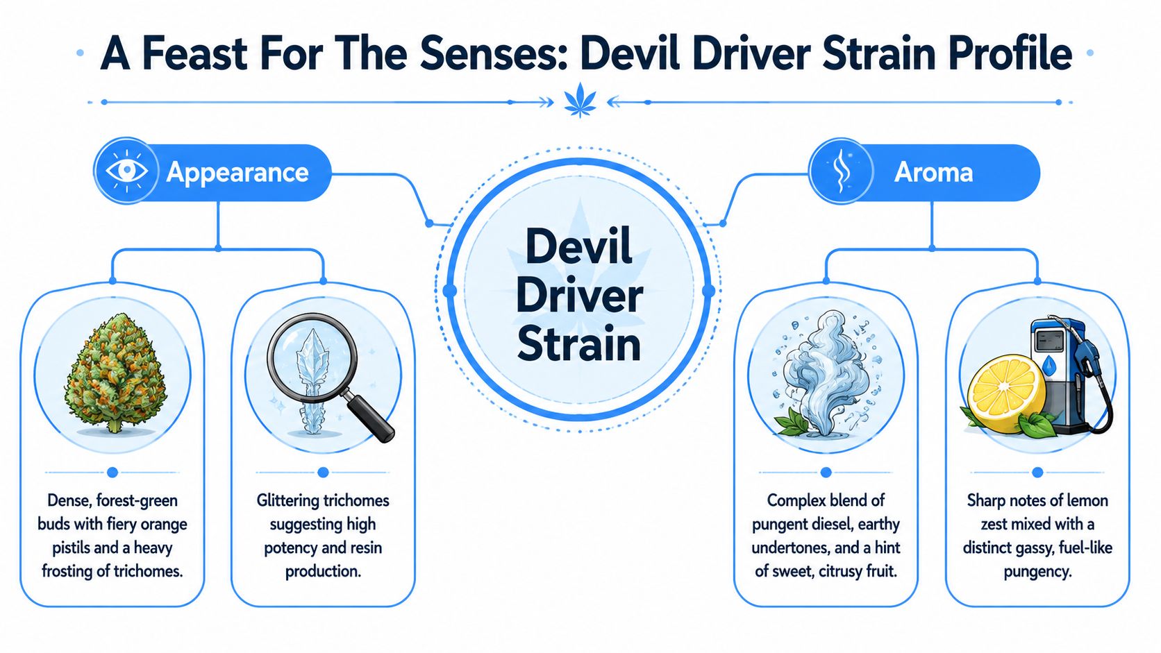 A detailed infographic titled A Feast For The Senses describing the appearance and aroma of the Devil Driver strain.